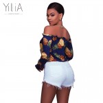 Yilia Sexy Pineapple Print Blouse Shirt Women Off Shoulder Elegant Hollow Out Blouse Summer Top Female Blouse Long Sleeve Blusas