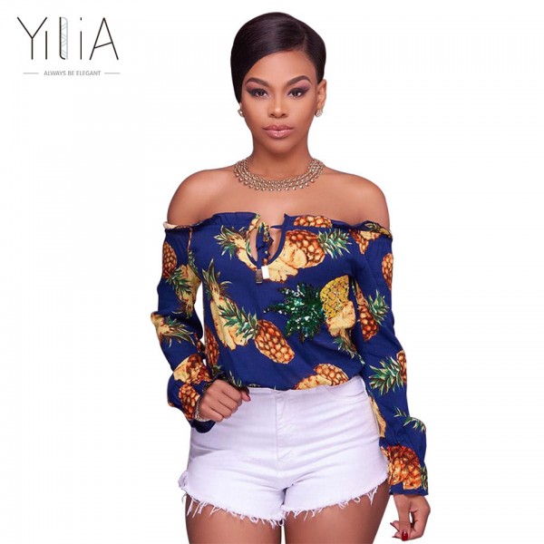 Yilia Sexy Pineapple Print Blouse Shirt Women Off Shoulder Elegant Hollow Out Blouse Summer Top Female Blouse Long Sleeve Blusas