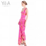 Yilia Summer Sexy Pink Color Printed Dress Women Fashion O-Neck Draped Sleeveless Asymmetric Hem Backless Floor-Length Dresses 