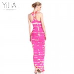 Yilia Summer Sexy Pink Color Printed Dress Women Fashion O-Neck Draped Sleeveless Asymmetric Hem Backless Floor-Length Dresses 