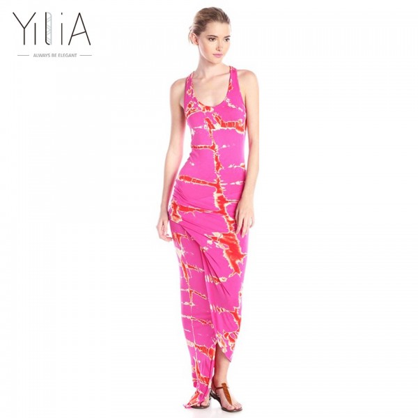 Yilia Summer Sexy Pink Color Printed Dress Women Fashion O-Neck Draped Sleeveless Asymmetric Hem Backless Floor-Length Dresses 