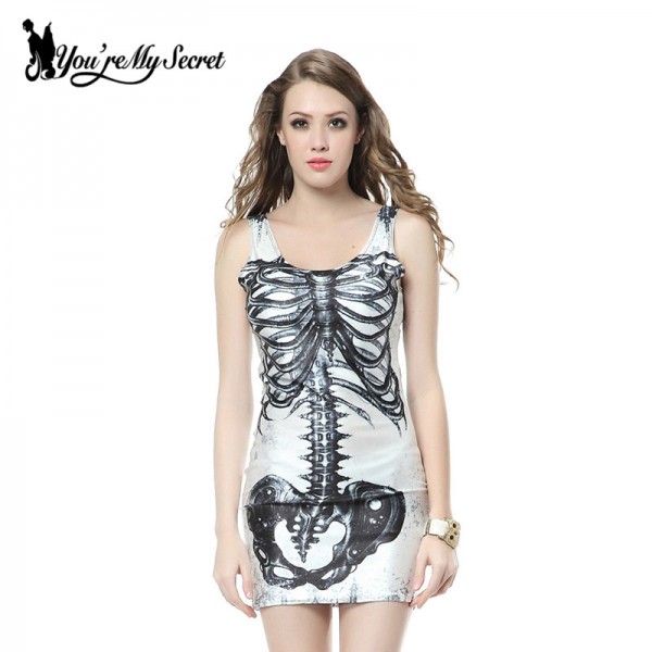 [You're My Secret] Women Dress Black Milk  Skull Print Dress Vest O-neck Sleeveless Tank Dress Vestido