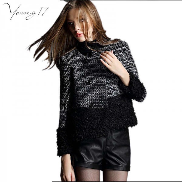 Young17 2016 womens winter coat tweed fashion Lady black thick Small Elegant stitching Plaid Tweed Short Wool Coat outwears slim