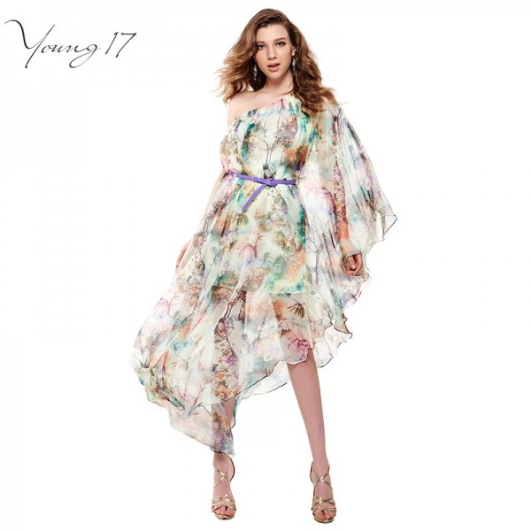 Young17 Maxi floral print beach casual Dress 2017 Summer one shoulder asymmetrical sashes fashion female elegant long dress