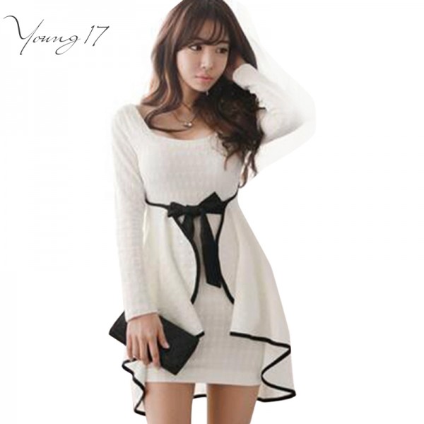 Young17 Sexy Ruffles Bodycon Dress South Korean Style White Women Dress Full Sleeve Autumn Spring Mini Dress Vestidos with Bow