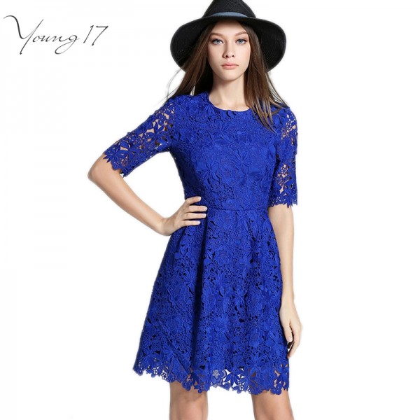 Young17 women autumn dress lace Zipper blue S-2XL plus size elegant dresses for party hollow out half sleeve female lace dresses