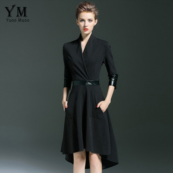 YuooMuoo Casual Party Autumn Dress Ladies High Quality Knee-Length Patchwork Female Vintage Elegant Dot Fashion Dresses
