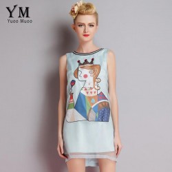 YuooMuoo European Style 2016 Summer Women Brand Design Clothing Women Elegant Blue Dress for Party Sleeveless Print Ladies Dress