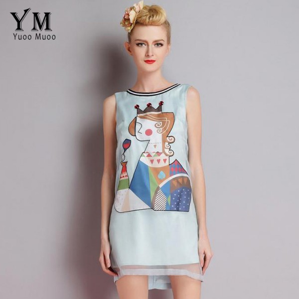 YuooMuoo European Style 2016 Summer Women Brand Design Clothing Women Elegant Blue Dress for Party Sleeveless Print Ladies Dress