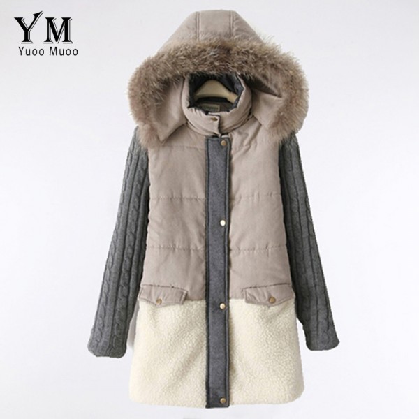 YuooMuoo High Quality Natural Fur Collar Winter Coat Women Warm Parkas Wool Patchwork Jacket Plus Size Parkas for Women Winter