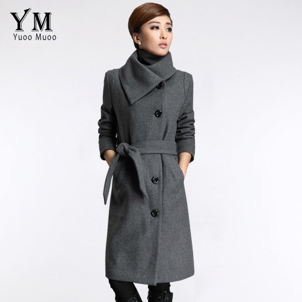 YuooMuoo New Long Jackets Women Grey Wool Coat High Quality Plus Size Poncho Fashion Women's Cashmere Coat with Belt Female Coat