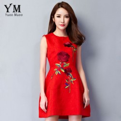 YuooMuoo New Women Dress European Style Elegant Rose Embroidery Dress A-line Short Party Dresses Red Dress for Women