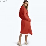 ZAFUL 2016 Winter Coat Women Wide Lapel Belt Pocket Wool Blend Coat Oversize Long Red Trench Coat Outwear Wool Coat Women