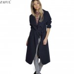 ZAFUL 2016 Winter Coat Women Wide Lapel Belt Pocket Wool Blend Coat Oversize Long Red Trench Coat Outwear Wool Coat Women