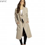 ZAFUL 2016 Winter Coat Women Wide Lapel Belt Pocket Wool Blend Coat Oversize Long Red Trench Coat Outwear Wool Coat Women