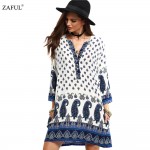 ZAFUL 2017 New Spring Women Vintage Dress V-neck Print Long Sleeve dress Loose Casual dress Mini Ethnic Dress Feminino Vestidos