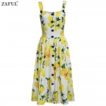 ZAFUL Brand Design Women Dresses Sweet Lemon Single Breasted Spaghetti Strap Slim Woman Dress Pleated Female Vestidos De Festa