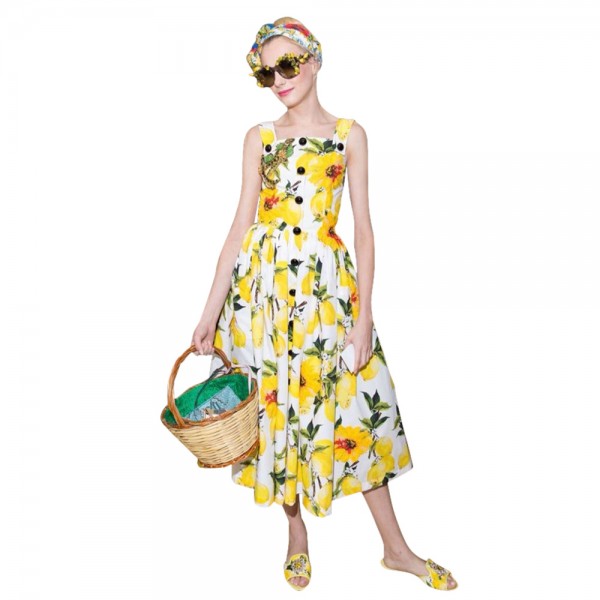 ZAFUL Brand Design Women Dresses Sweet Lemon Single Breasted Spaghetti Strap Slim Woman Dress Pleated Female Vestidos De Festa