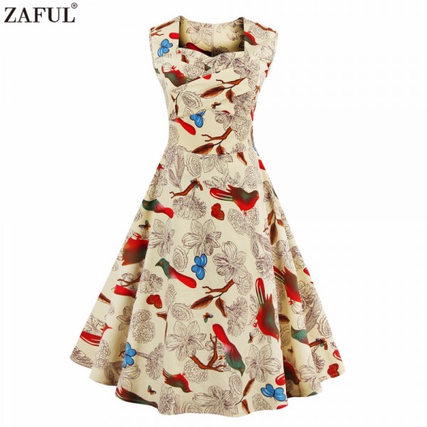 ZAFUL Brand Elegant Women Vintage Floral Dress Big Swing 50s 60s Rockabilly Sleeveless Plus size L~4XL Party feminino vestidos 