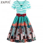 ZAFUL Brand New Green Vintage V Neck print Women Dress Retro Robe Rockabilly Feminino Vestidos 50s Tunic Party dresses Plus Size