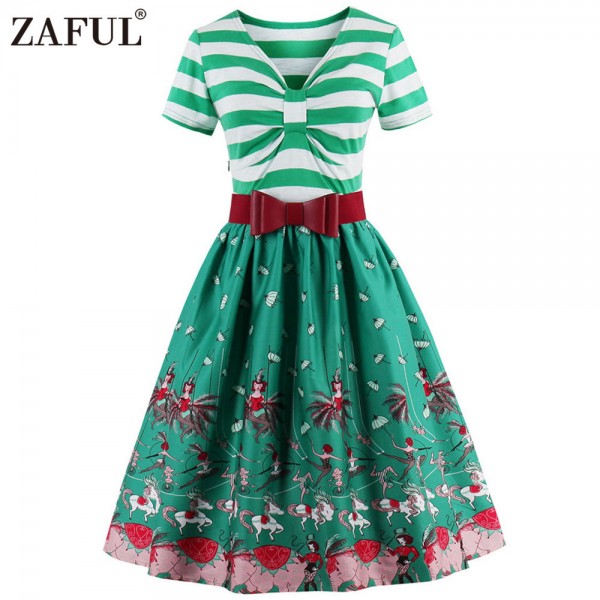 ZAFUL Brand New Green Vintage V Neck print Women Dress Retro Robe Rockabilly Feminino Vestidos 50s Tunic Party dresses Plus Size