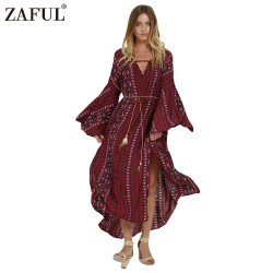 ZAFUL Brand New Spring Vintage Robe Women Dress Ethinc Print Long Sleeve Split Cotton dresses Armholes Split Hem Dress Vestidos