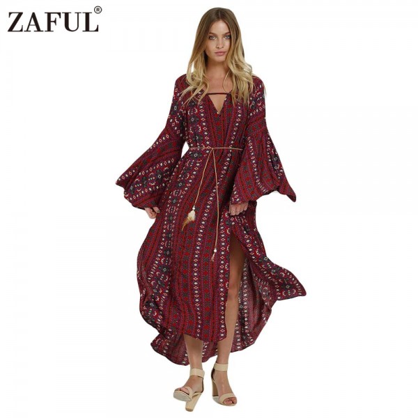 ZAFUL Brand New Spring Vintage Robe Women Dress Ethinc Print Long Sleeve Split Cotton dresses Armholes Split Hem Dress Vestidos