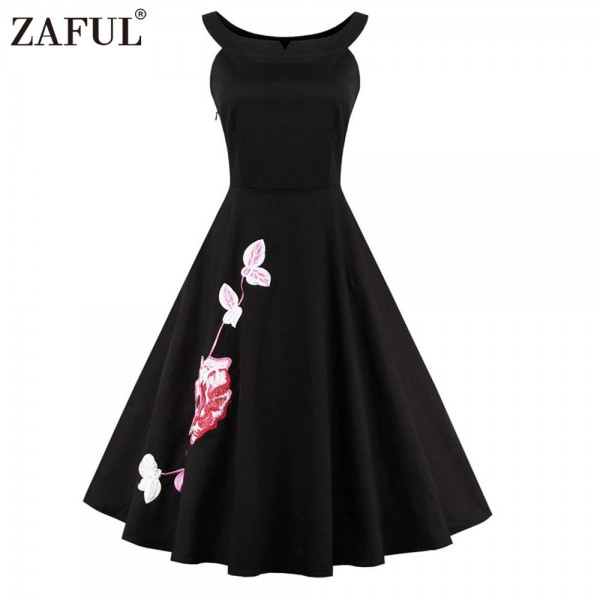 ZAFUL Brand Plus Size Women Dress Vintage robe rockabilly 50s Black Embroidery Sleeveless Swing Party Dresses Feminino Vestidos