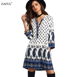 ZAFUL Casual Bohemian Beach Loose Women Summer Ethnic Dress Patterns Print Boho Mini Blouse Dress 3/4 Sleeve Hippie Vestidos