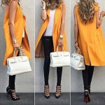 ZAFUL Fashion Orange Long Vest Woman Sleeveless Lapel Collar Pocket Open Stitch Casual Winter Plus Size Long Waistcoat Vest