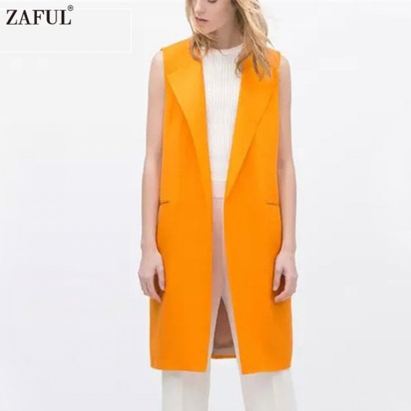 ZAFUL Fashion Orange Long Vest Woman Sleeveless Lapel Collar Pocket Open Stitch Casual Winter Plus Size Long Waistcoat Vest