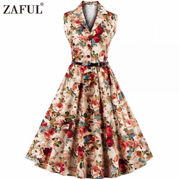 ZAFUL Floral Print Vintage Midi Dress Women Sleeveless Party Dresses Plus Size Summer Retro Dress Feminino Rockabilly Vestidos