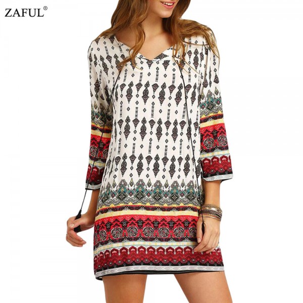 ZAFUL New Spring Women ethnic Dress Print tassel Long Sleeve vintage dress V-neck mini Loose Casual Dress Feminino Vestidos