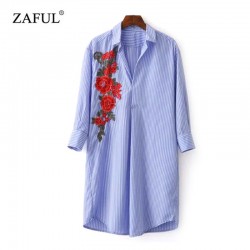 ZAFUL New Striped Floral Embroidered Shirt Dress Women turn-down collar Long Sleeve Button Shirt Dress feminino vestidos