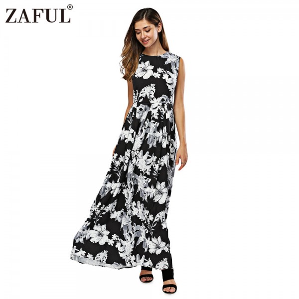 ZAFUL New Women Long Summer Dress Retro Floral Print Vintage Dress Sleeveless Floor-Length Female Party Maxi Dress Vestidos