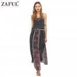 ZAFUL New Women New Vintage Ethnic Printed Sleeveless Armholes Split Hem Sexy Backless Spaghetti Strap Black Long Beach Dresses