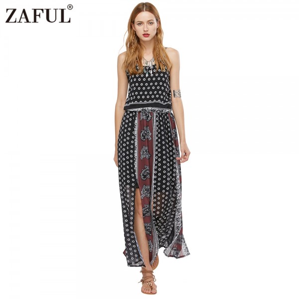 ZAFUL New Women New Vintage Ethnic Printed Sleeveless Armholes Split Hem Sexy Backless Spaghetti Strap Black Long Beach Dresses