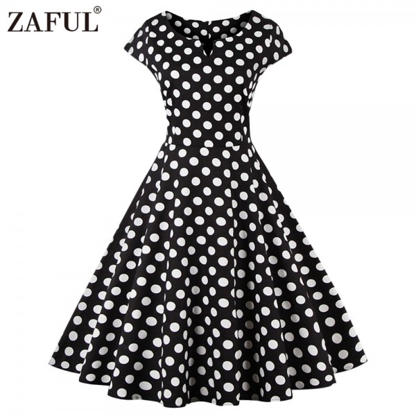 ZAFUL New Women Vintage Dress black polk Dot Retro 50s Hepburn Short Sleeve Ball Gown plus size Party dresses feminino Vestidos 