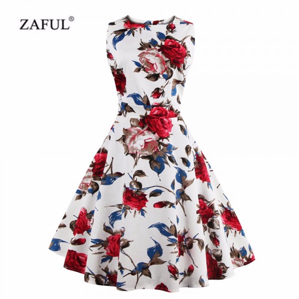 ZAFUL Plus Size 4XL Women Summer Vintage Dress Elegance Pattern Floral Print Retro Dress Sleeveless Sundress Party Vestidos 2018