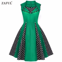 ZAFUL Plus Size S~4XL Brand New Women Sleeveless High Waist Turn Down Collar Vintage Dress Polka Dot Print Feminino Vestidos