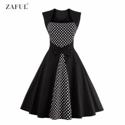 ZAFUL Plus Size S~4XL Sleeveless Black Dot Polka High Waist Button Vintage Dress Big Swing Rockabilly Retro Feminino Vestidos