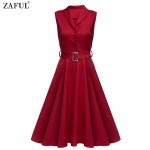 ZAFUL Plus Size Women Elegant Sleeveless Belts Dress Solid Color Turn down Collar Cotton Female Vintage A Line Feminino Vestidos