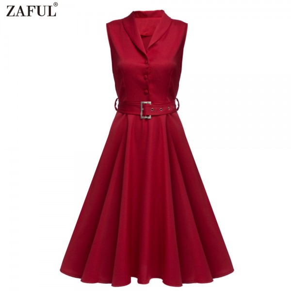 ZAFUL Plus Size Women Elegant Sleeveless Belts Dress Solid Color Turn down Collar Cotton Female Vintage A Line Feminino Vestidos
