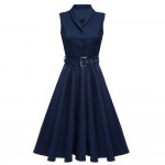 ZAFUL Plus Size Women Elegant Sleeveless Belts Dress Solid Color Turn down Collar Cotton Female Vintage A Line Feminino Vestidos