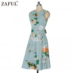 ZAFUL Vintage Women Dress feminino Robe Rockabilly clothing Audrey hepburn 50s retro Print blue Party Dresses plus size Vestidos