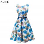 ZAFUL Women 50s Audrey Vintage dress Flower Floral Dot Print O Neck Sleeveless S~2XL Swing Feminino Vestidos Casual Belts Dress