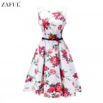 ZAFUL Women 50s Audrey Vintage dress Flower Floral Dot Print O Neck Sleeveless S~2XL Swing Feminino Vestidos Casual Belts Dress