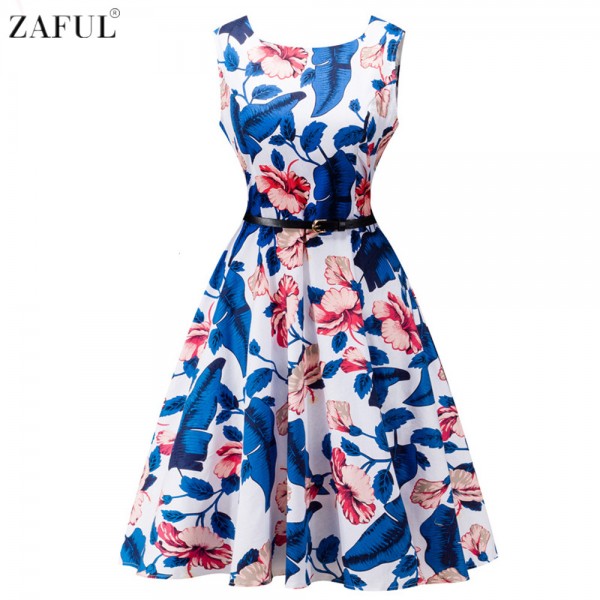 ZAFUL Women 50s Audrey Vintage dress Flower Floral Dot Print O Neck Sleeveless S~2XL Swing Feminino Vestidos Casual Belts Dress