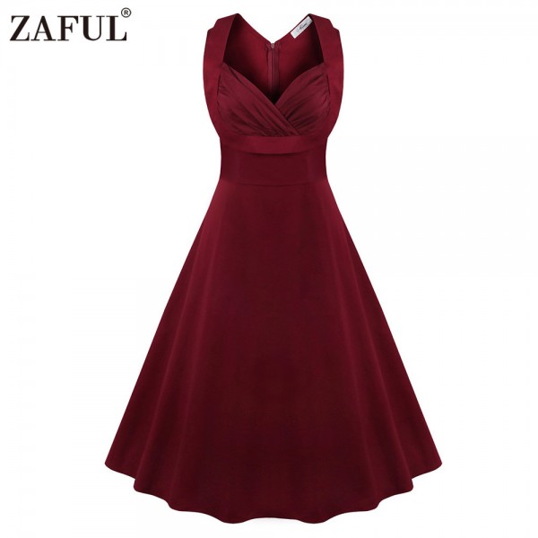 ZAFUL Women Plus Size S~4XL Cotton Stretchy Vintage Dress Sleeveless Retro Rockabilly Audrey Hepburn Big Hem Feminino Vestidos 