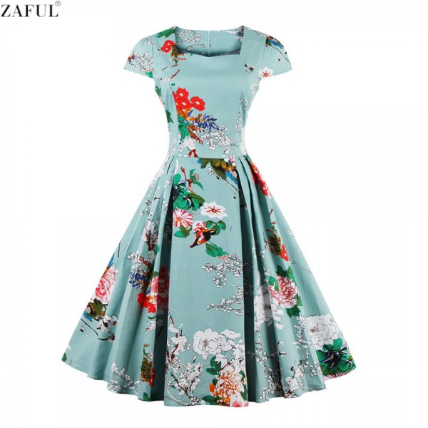 ZAFUL Women Plus Size S~4XL Cotton Stretchy Vintage Floral Dress 60s AudreyRetro Rockabilly Swing Elegant Feminino Vestidos 